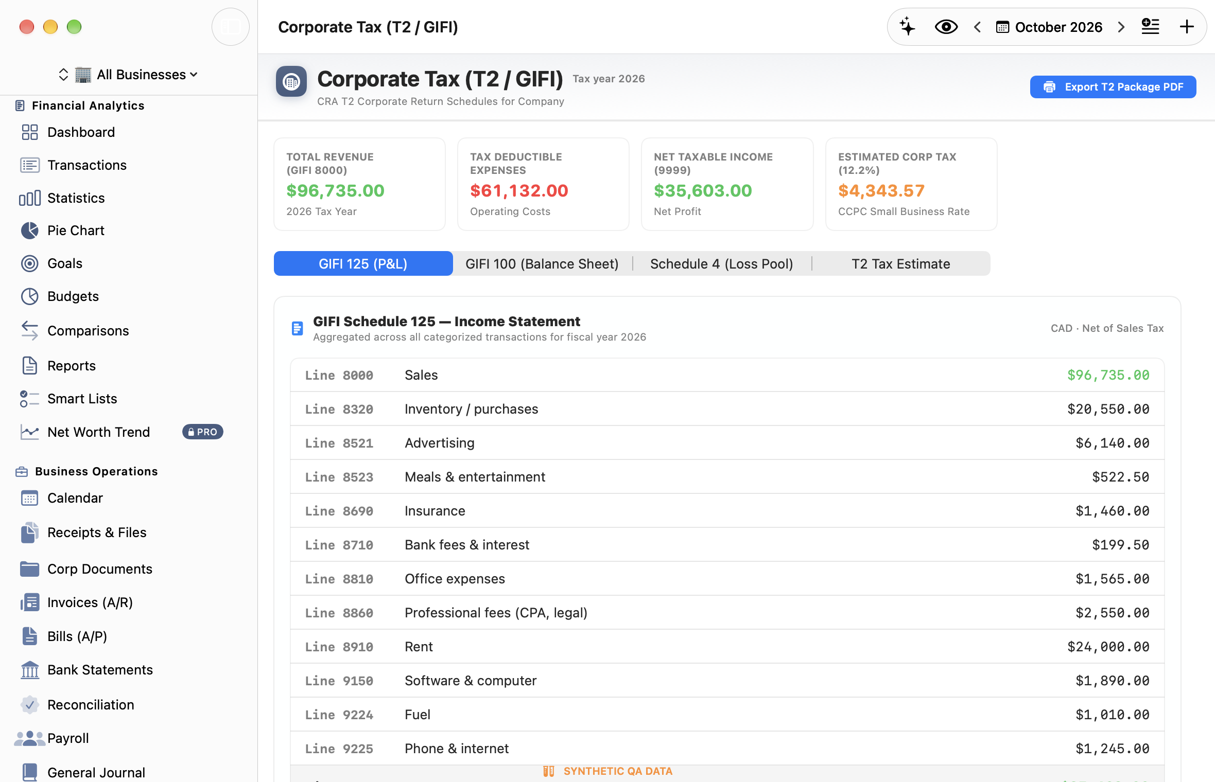 Monvelio Canadian Corporate Tax T2 and GIFI 125 Income Statement
