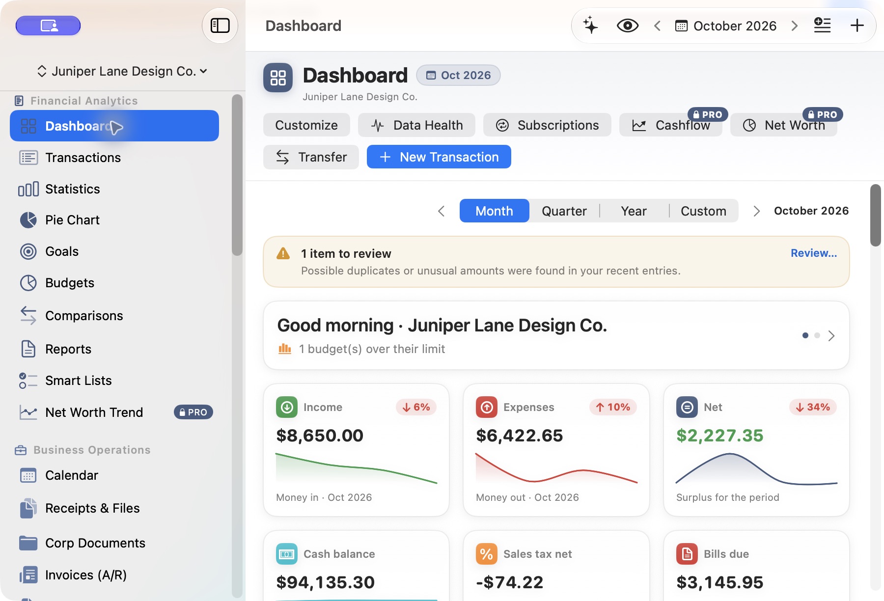 Monvelio macOS Executive Dashboard with live KPI cards and Swift Charts