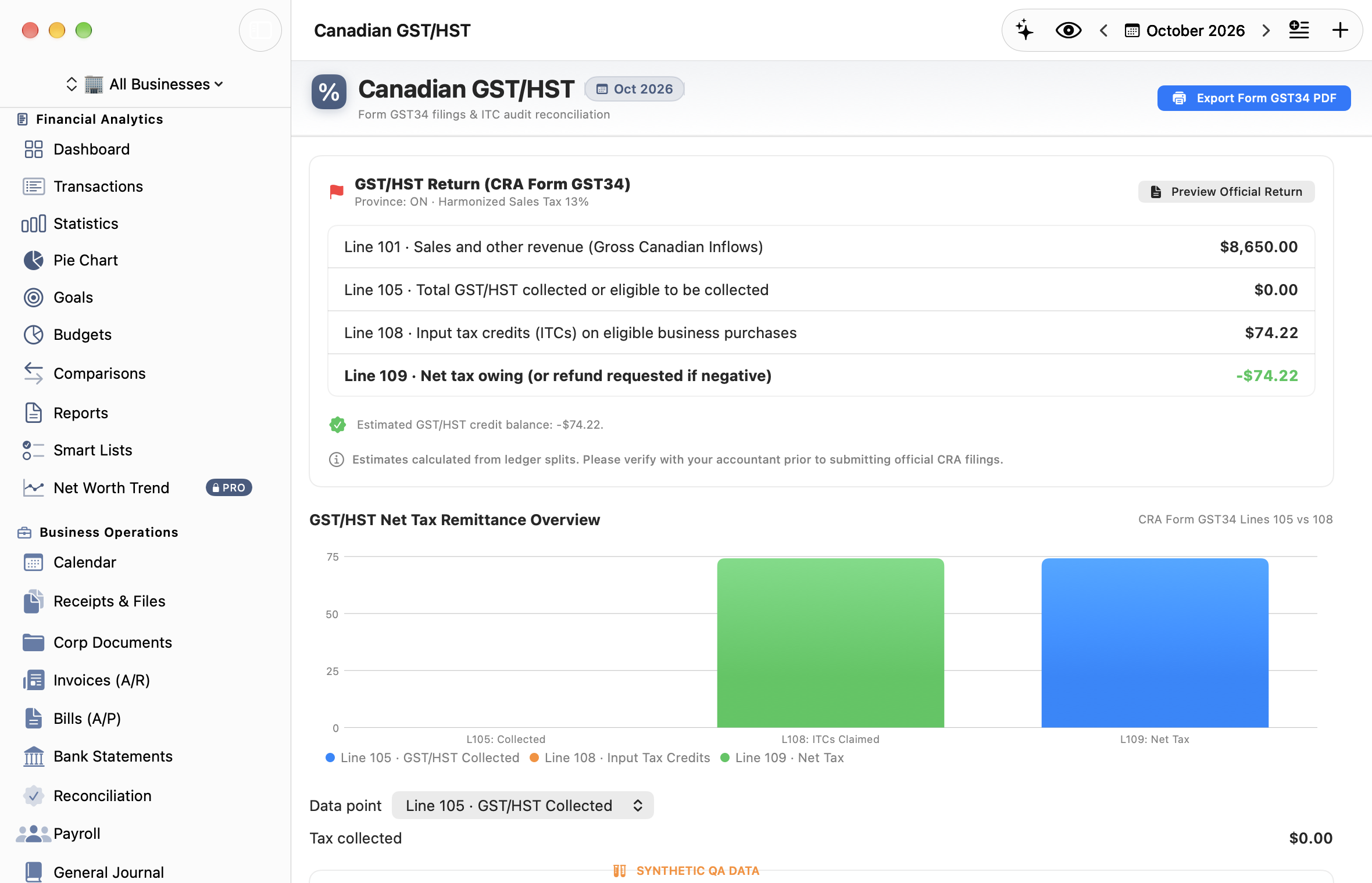 Monvelio Canadian GST/HST CRA Form GST34 Net Remittance Calculator